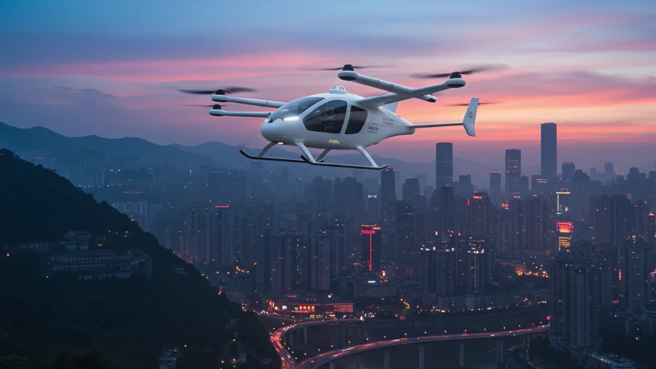 Aviation Innovation: A Futuristic Electric Air Vehicle Navigating the Urban Skyline at Dusk, Showcasing Advanced Technology and Modern Design in a Vibrant Cityscape