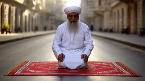 man praying on a red rug in a street
