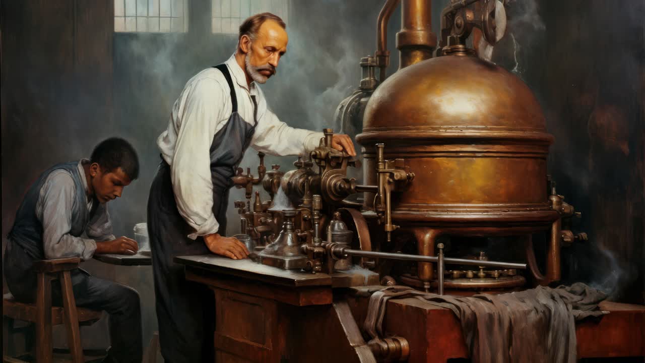 Vintage-style video still of two men working in an old brewery