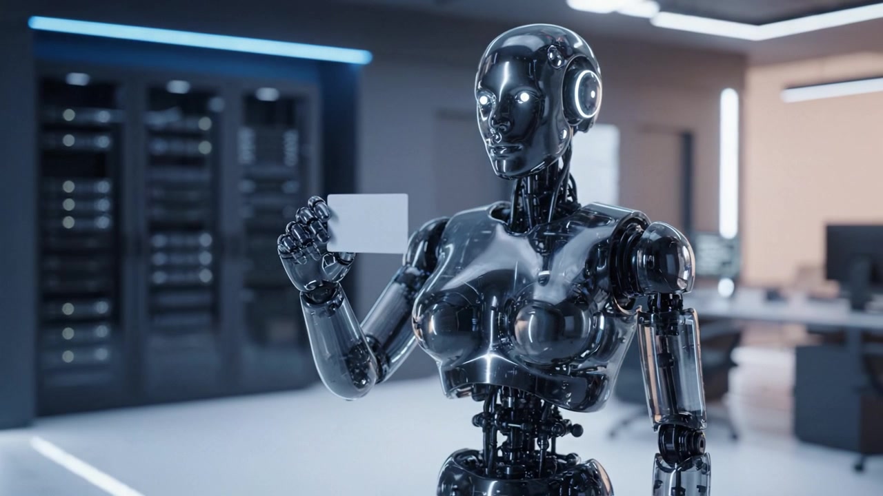 Robot umanoide futuristico che tiene in mano una carta d'identità vuota in un moderno ambiente d'ufficio dal design elegante, rappresentando i progressi nella tecnologia dell'intelligenza artificiale