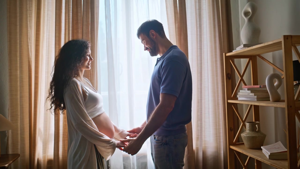 Donna incinta in piedi con il marito a casa. Coppia in attesa che si tiene per mano vicino alla finestra.