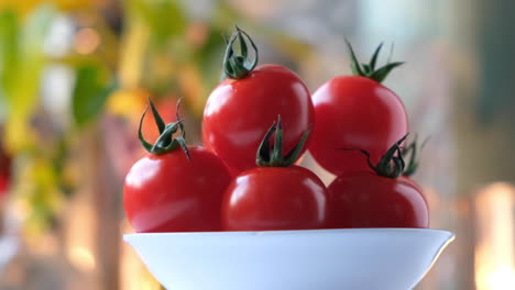 closeup of fresh red cherry tomatoes in the white bowl.