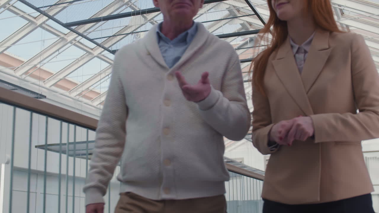 여성 동료 와 대화 하는 노인 사업가