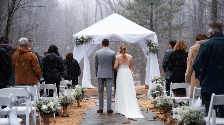 A Romantic Winter Wedding Ceremony Under Snowfall with Family and Friends in Attendance, Celebrating Love and Unity Amidst Nature's Beautiful Backdrop