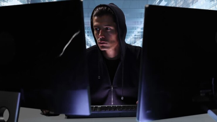 Animation of hooded man hacking a computer