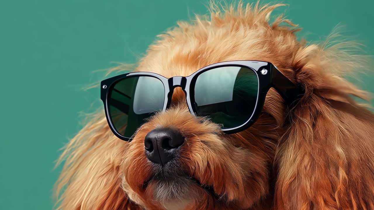 Stylish poodle wearing designer sunglasses posing confidently against vibrant turquoise background, radiating playful canine charm and fashion forward attitude