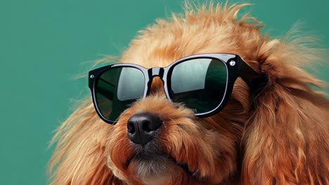 stylish poodle wearing designer sunglasses posing confidently against vibrant turquoise background, radiating playful canine charm and fashion forward attitude