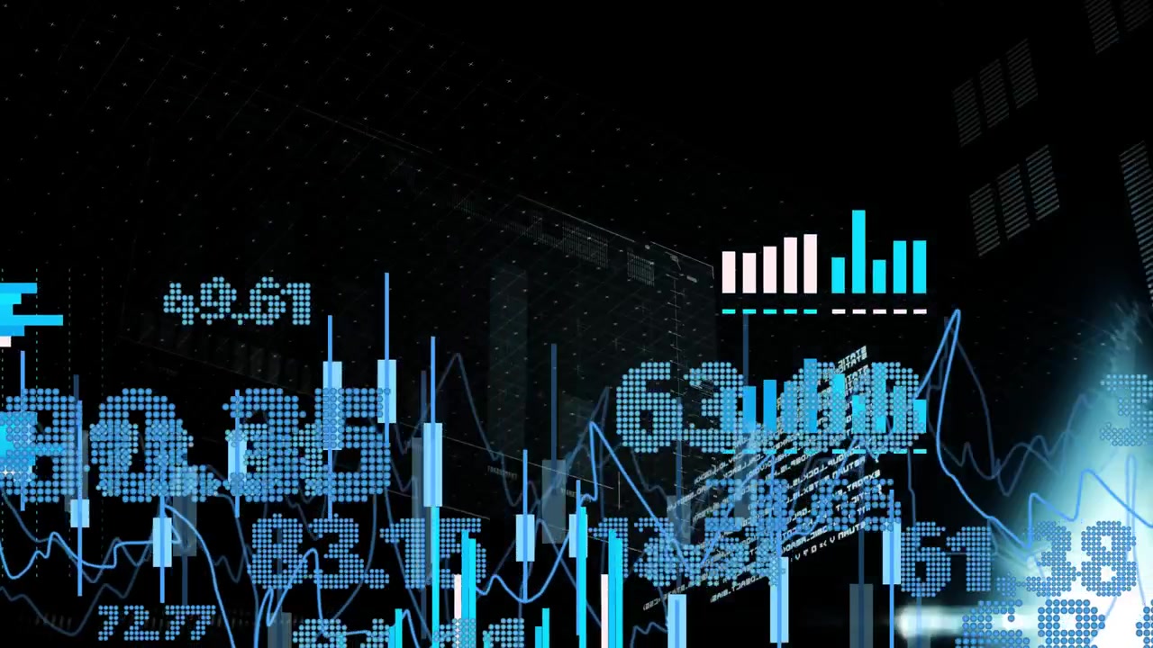 Holographic financial charts growing after beam, panels sliding, bars rising, visualizing market