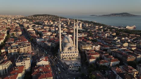 aerial view urban mosque sunset