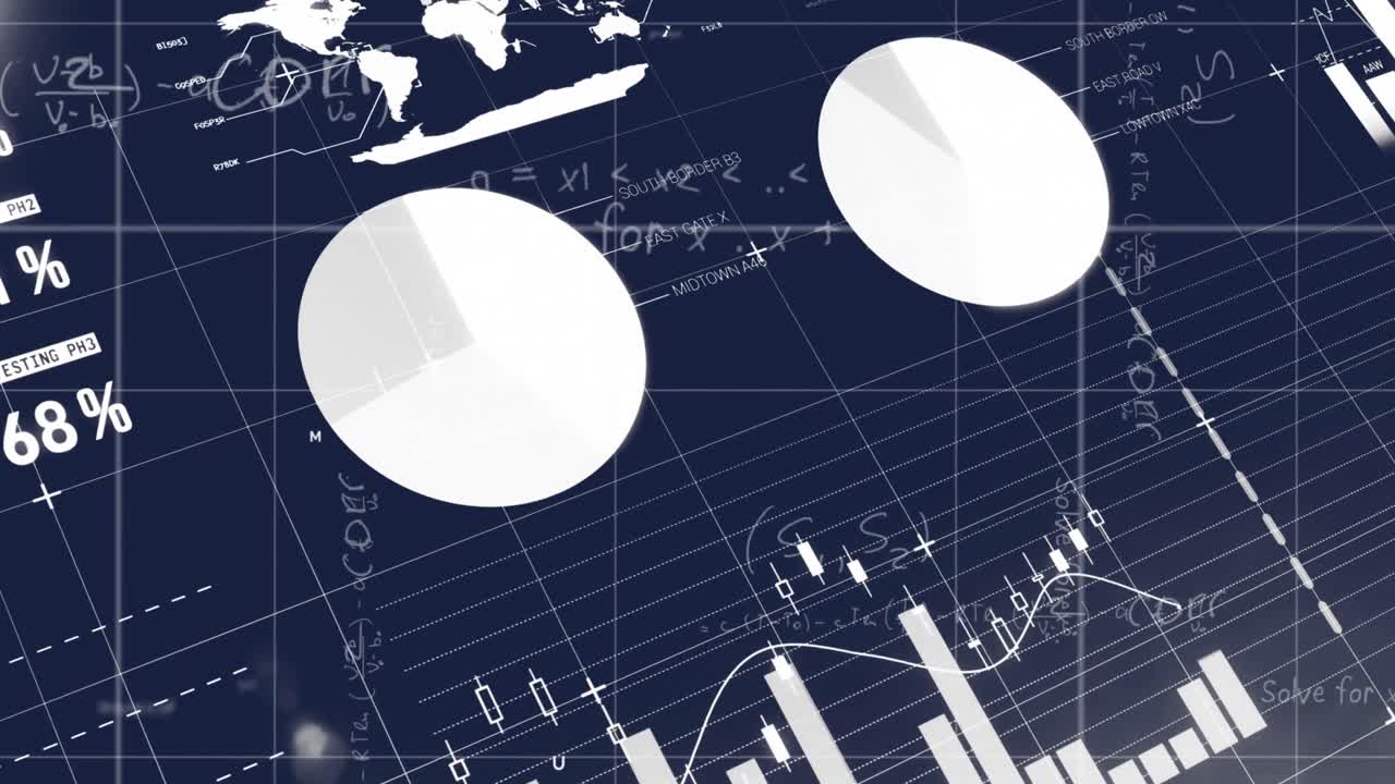 Animation of statistical data processing and mathematical equations against blue background