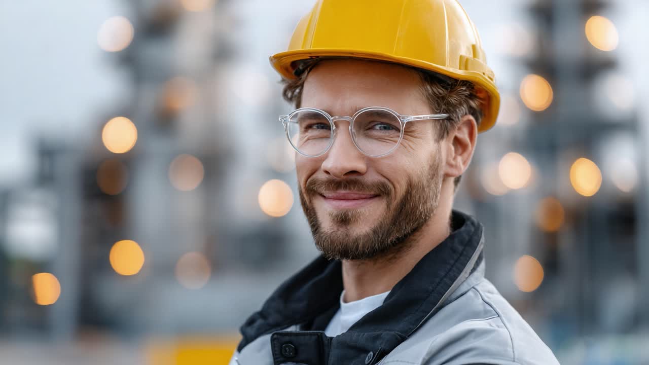 Confident Worker in Safety Gear: A Smiling Professional with a Hard Hat and Glasses at an Industrial Site Surrounded by Blurred Lights and Machinery