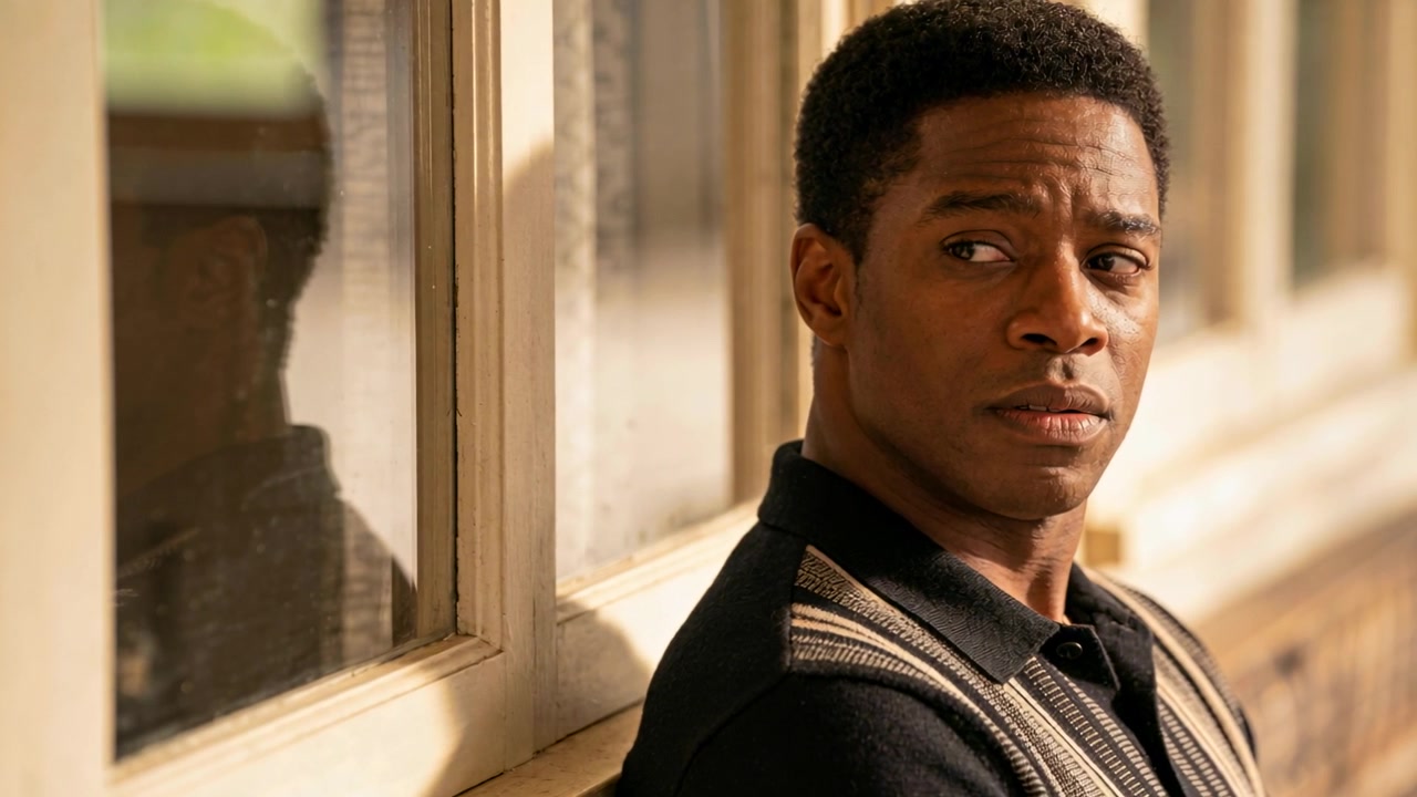 Turning man in patterned sweater shifting head and eyes on porch, window reflection, copy space