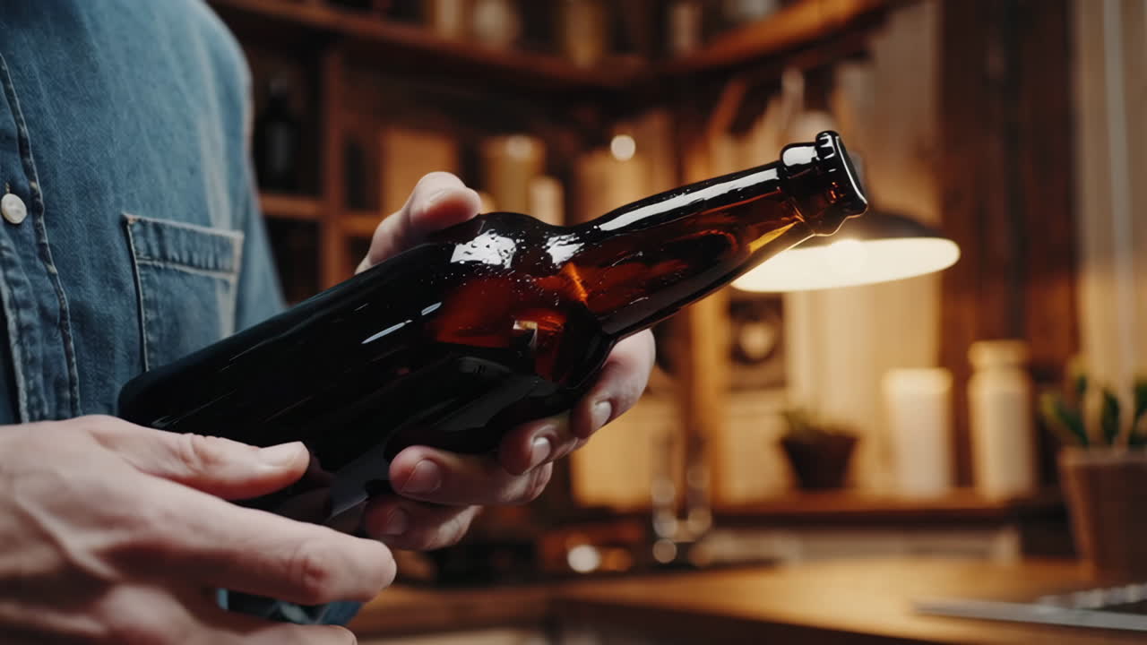 Persona con una bottiglia di birra in cucina