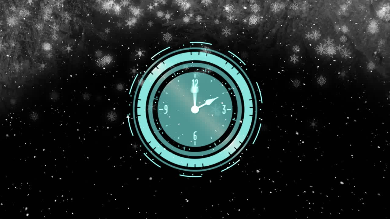 Animation of clock with moving hands over snow falling on black background
