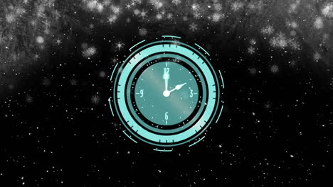 animación de un reloj con manecillas en movimiento sobre la nieve cayendo sobre un fondo negro