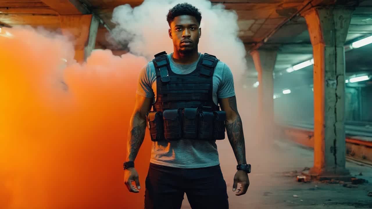 Man in Tactical Vest in Smoky Underground Setting