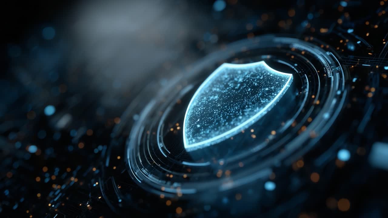 A Glowing Digital Shield Representing Cybersecurity and Protection in a Futuristic Technological Environment, Highlighting the Importance of Security in the Digital Age