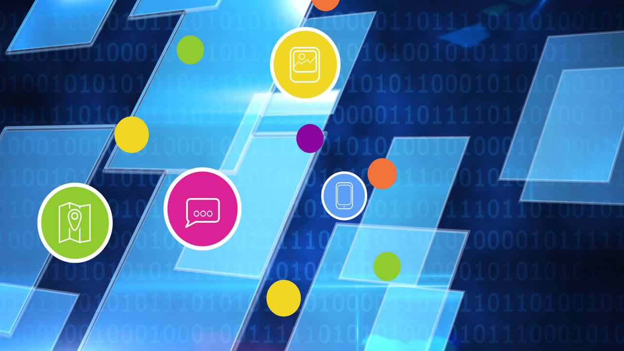 Animation of digital icons over binary coding in background