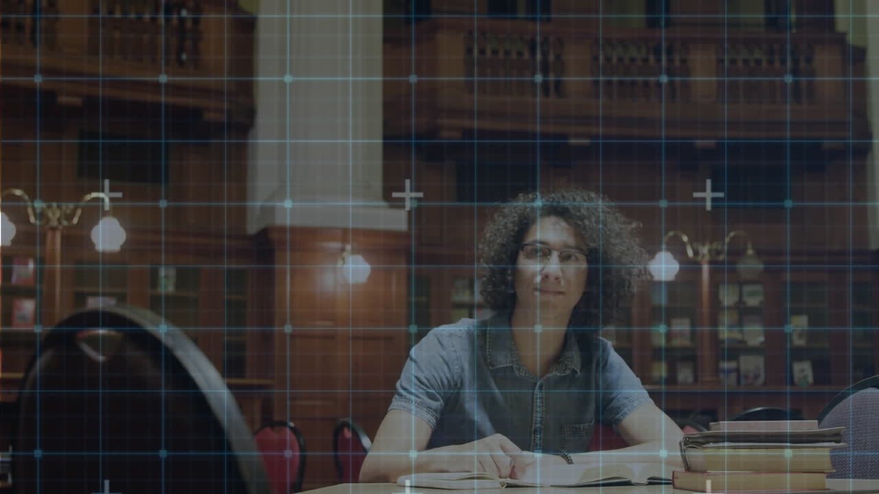 red de red contra el estudiante caucásico estudiando en la biblioteca de la universidad
