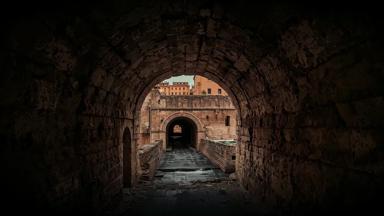 Shifting light revealing arched stone tunnel and central walkway toward courtyard, with rubble