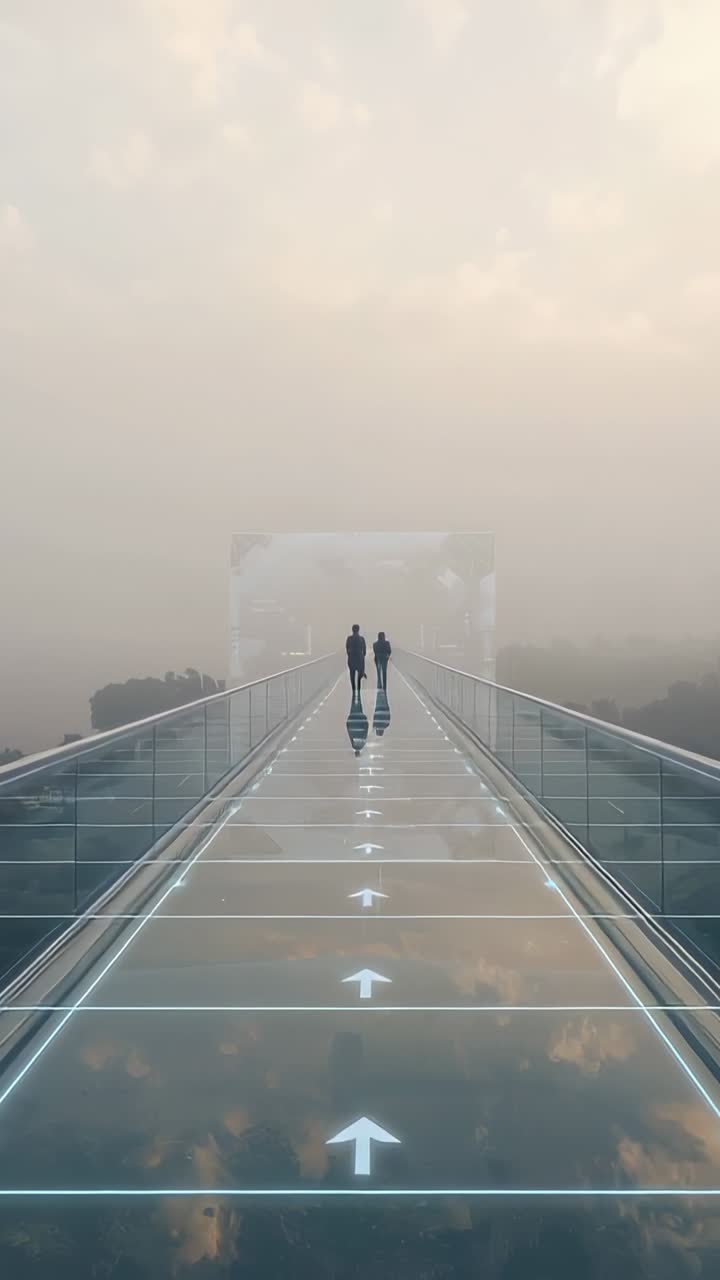 Vertical video: Following lit arrows, pair in coats walking on foggy glass bridge toward cube arch