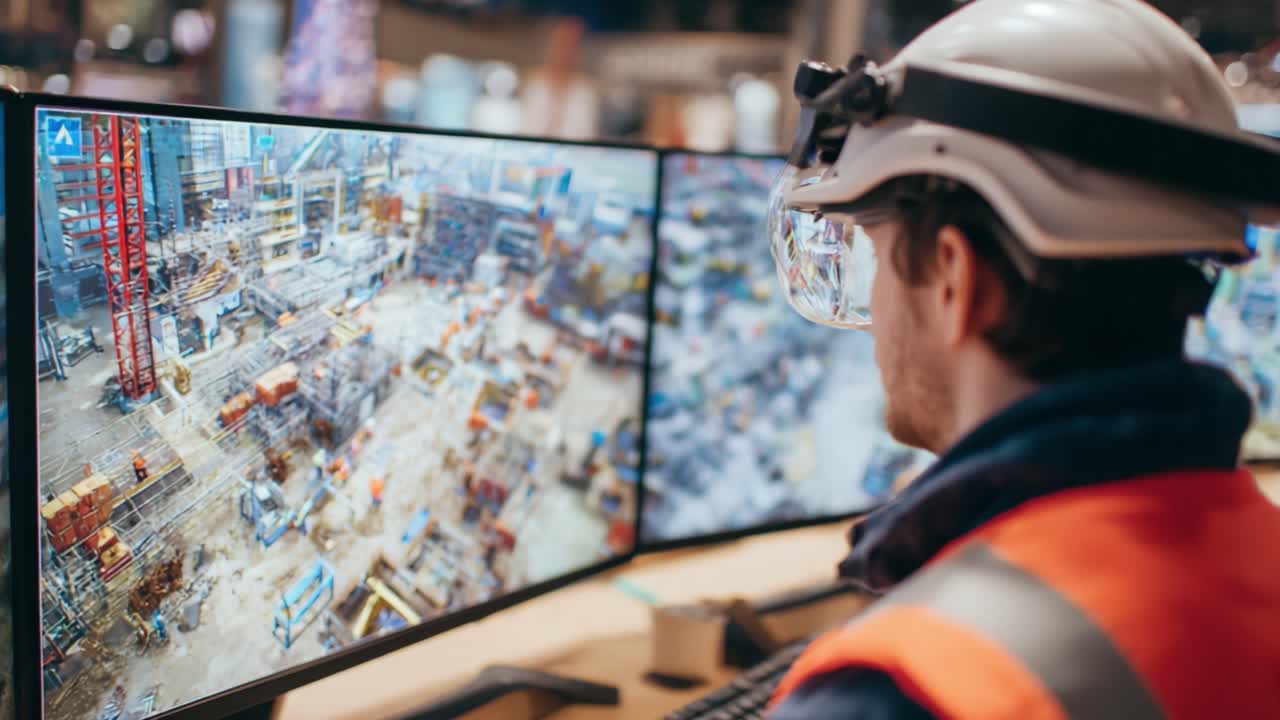 Construction Site Monitoring: A Professional Reviewing Project Progress on Multiple Screens with Safety Gear, Ensuring Efficiency and Accuracy in Development and Operations from a Command Center Perspective