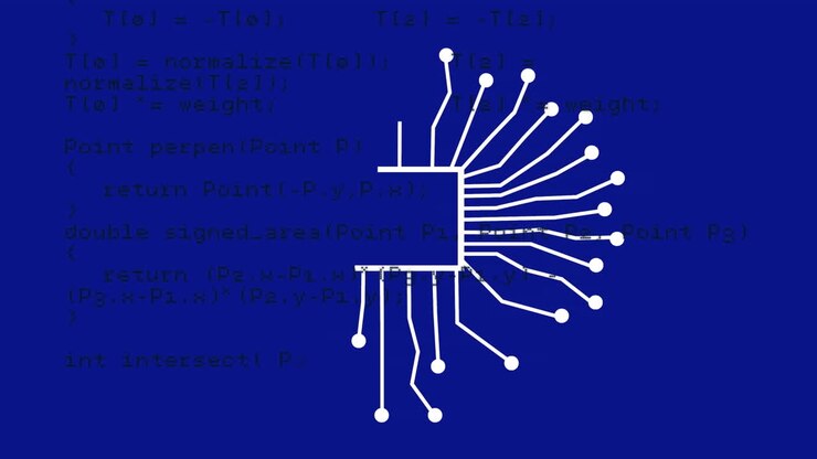 Animation of ai text and data processing on blue background
