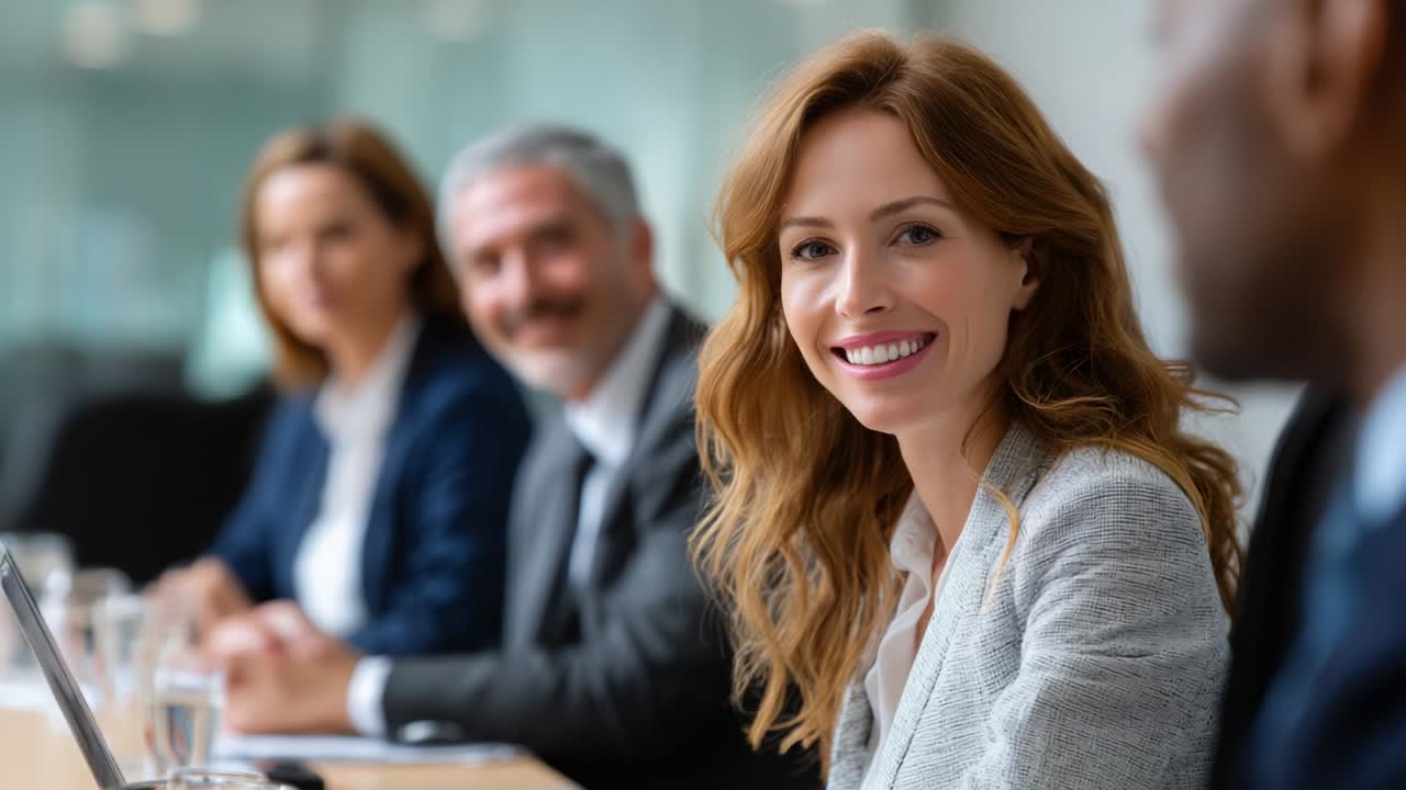 A confident and engaging professional woman smiles during an important business meeting, surrounded by her colleagues, symbolizing collaboration and communication in a corporate environment