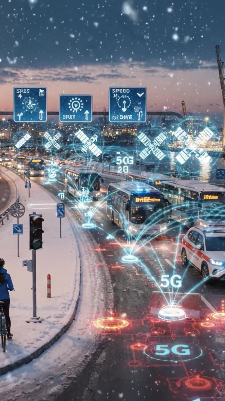 Una scena serale innevata che raffigura una trafficata strada urbana con veicoli, segnali stradali digitali e un ciclista che si muove nel paesaggio invernale sotto la neve che cade.
