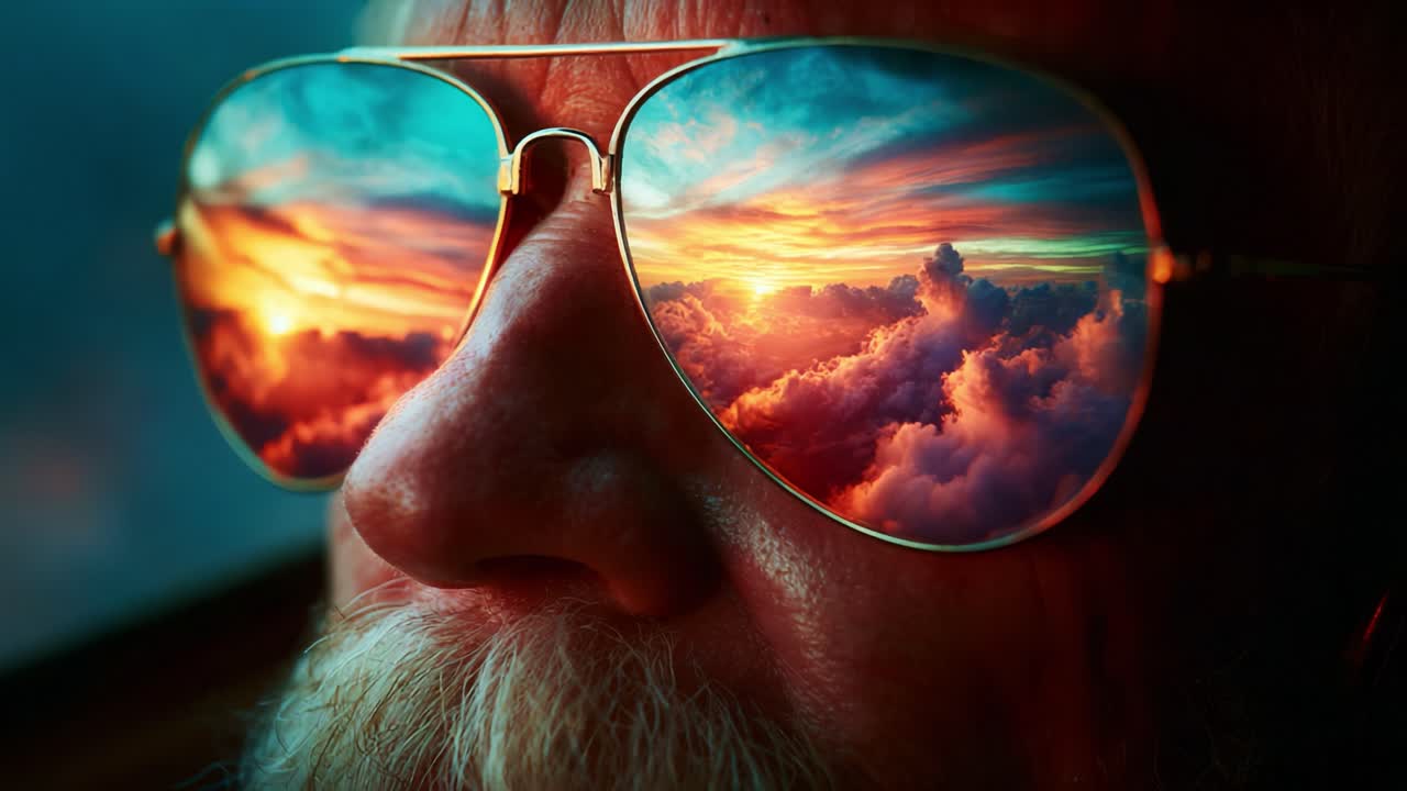 Reflection of a Vibrant Sunset in Sunglasses: Experiencing the Beauty of Nature Through a Distinguished Perspective with Dramatic Colors and Cloud Patterns