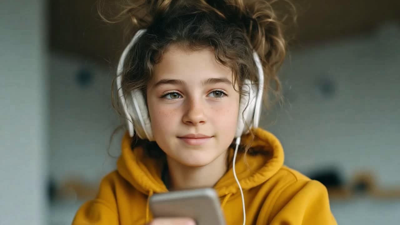 Girl with headphones using a phone