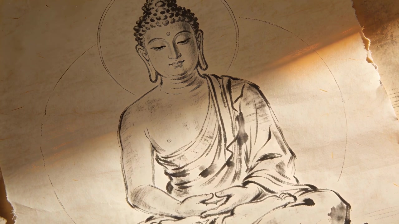 Luce calda diagonale cangiante che rivela un Buddha in veste su una scrivania di pergamena, evidenziando i tratti d'inchiostro.