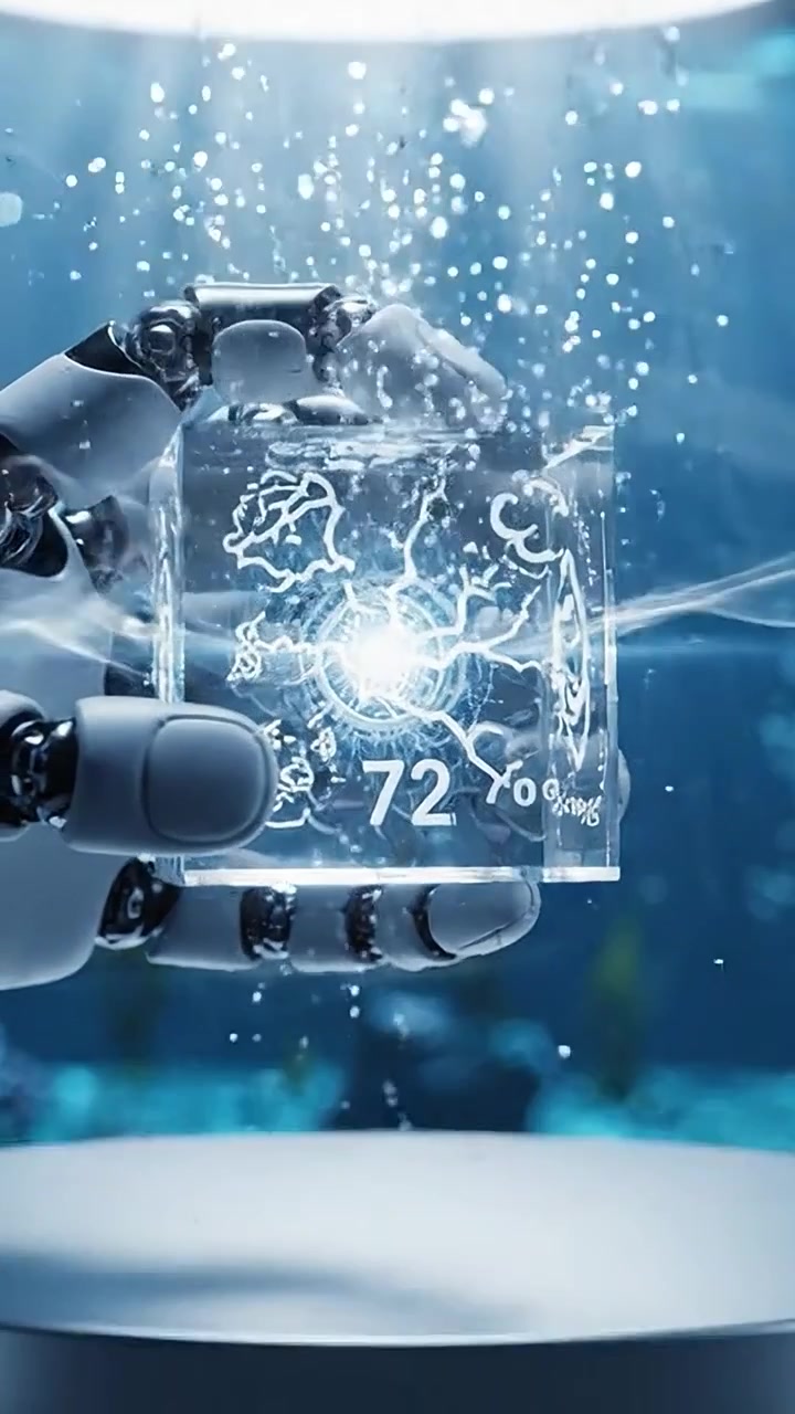 Robotyczna dłoń chwytająca unoszącą się kostkę energii, promieniującą światłem i symbolami, reprezentująca zaawansowaną technologię i innowacje naukowe pod wodą.