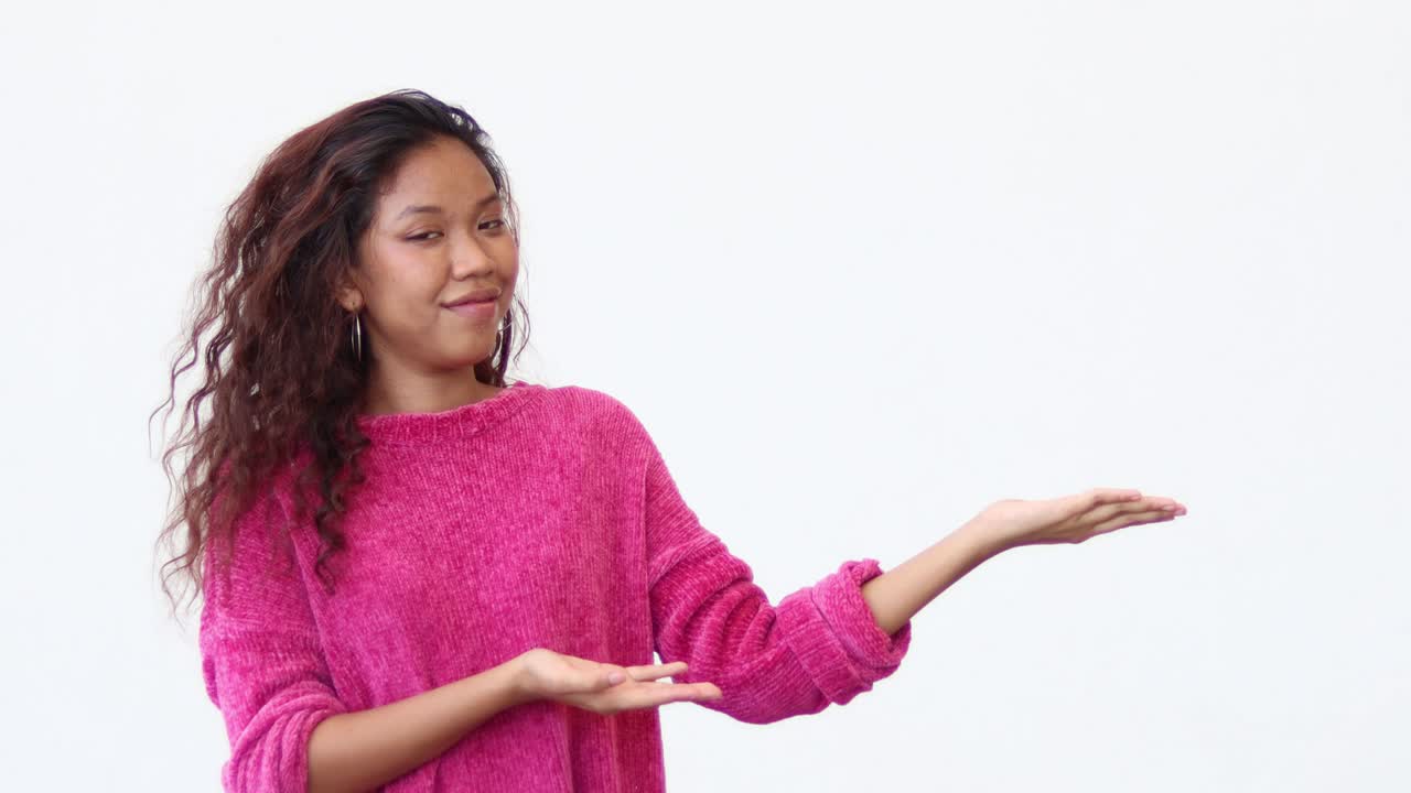 African female  holding or giving something, white background