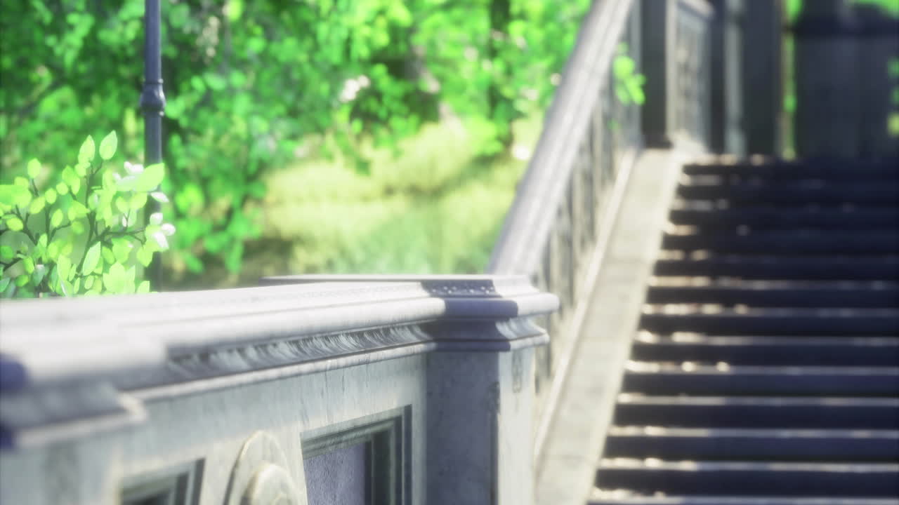 Steps leading to a lush garden with vibrant greenery in the afternoon light