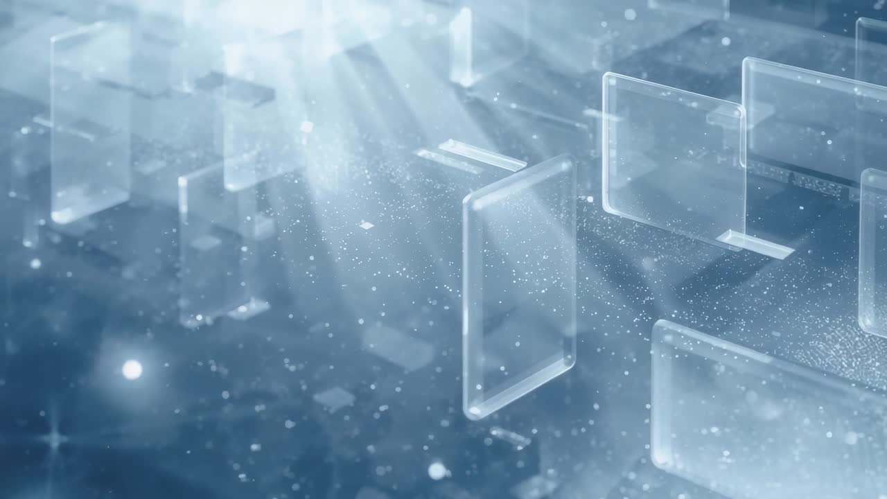 Reacting to top-left beams, glass panes shifting forward and tilting in 3D space with falling dust