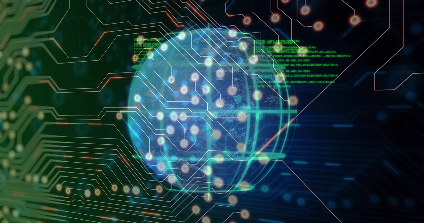 Board focusing, sphere emerging, traces converging, code streaming, showing data flow