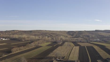 drone shot of wide agriculture green fields in petricani, romania, europe