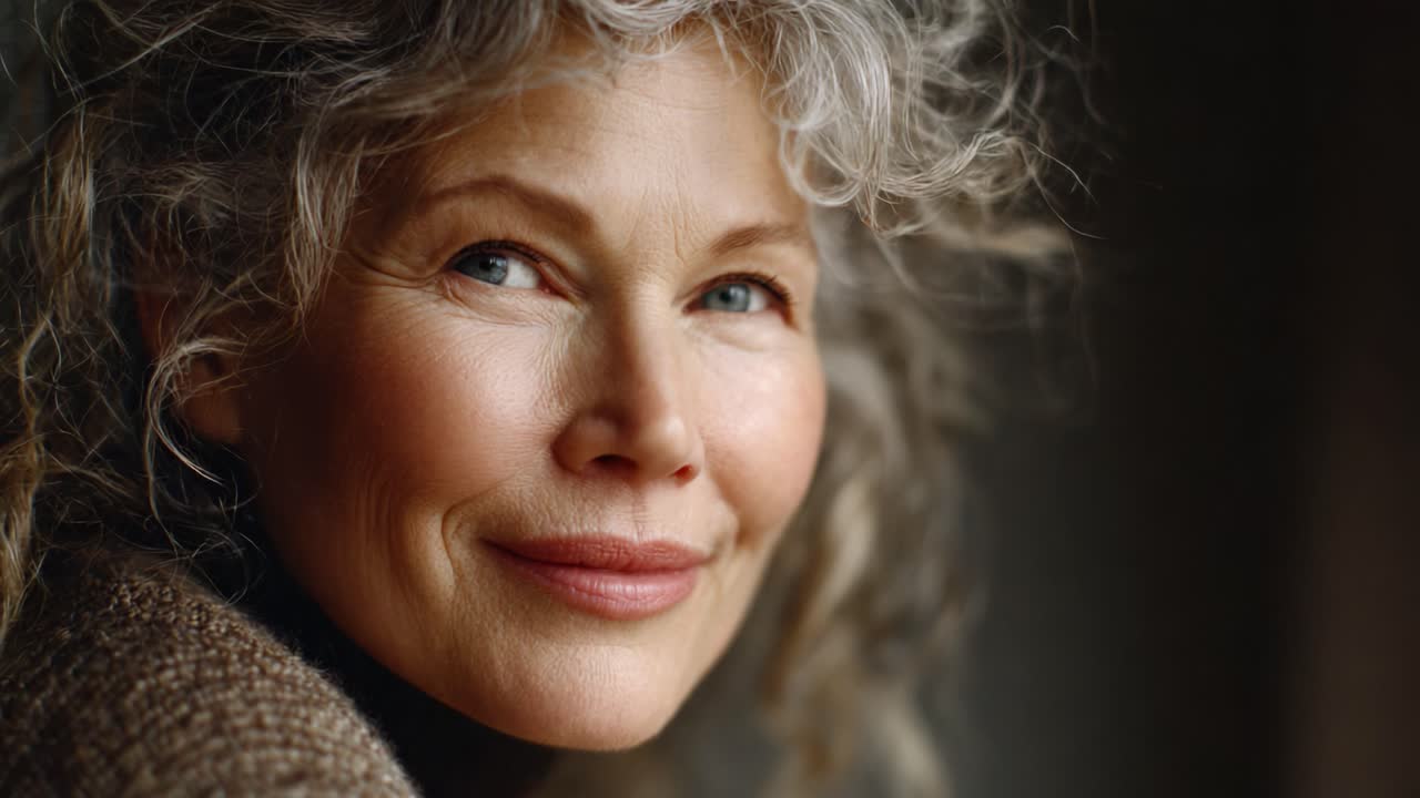 A Portrait of Graceful Aging: Capturing the Natural Beauty and Joyful Spirit of a Mature Woman with Radiant Silver Hair and a Warm Smile