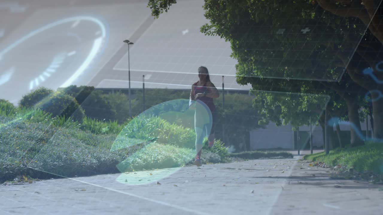 Jogger entering horizon initiating circular gauge and data panels tracking fitness on urban path