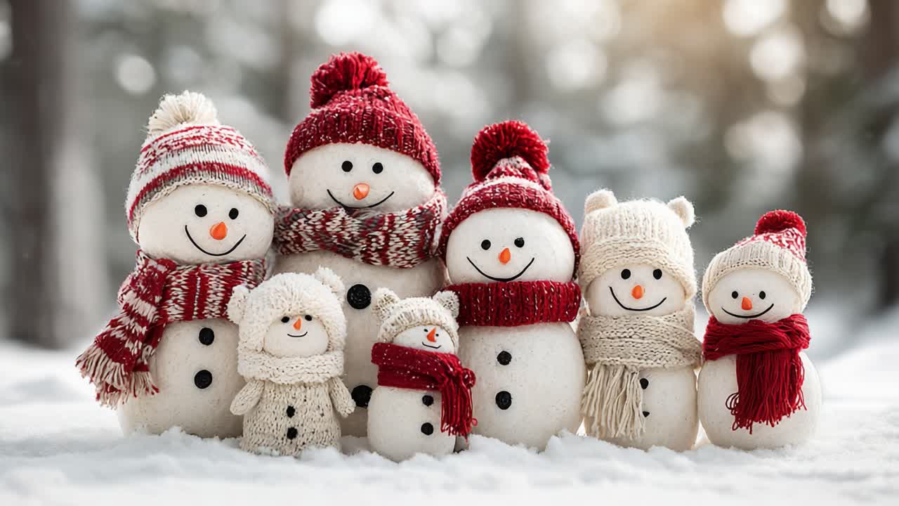 A Charming Family of Snowmen in Cozy Scarves and Hats, Captivating the Heart of Winter with Their Playful and Joyful Presence in a Snowy Landscape