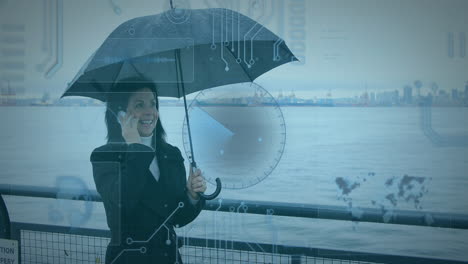 animation of data processing over woman using smartphone carrying umbrella in background