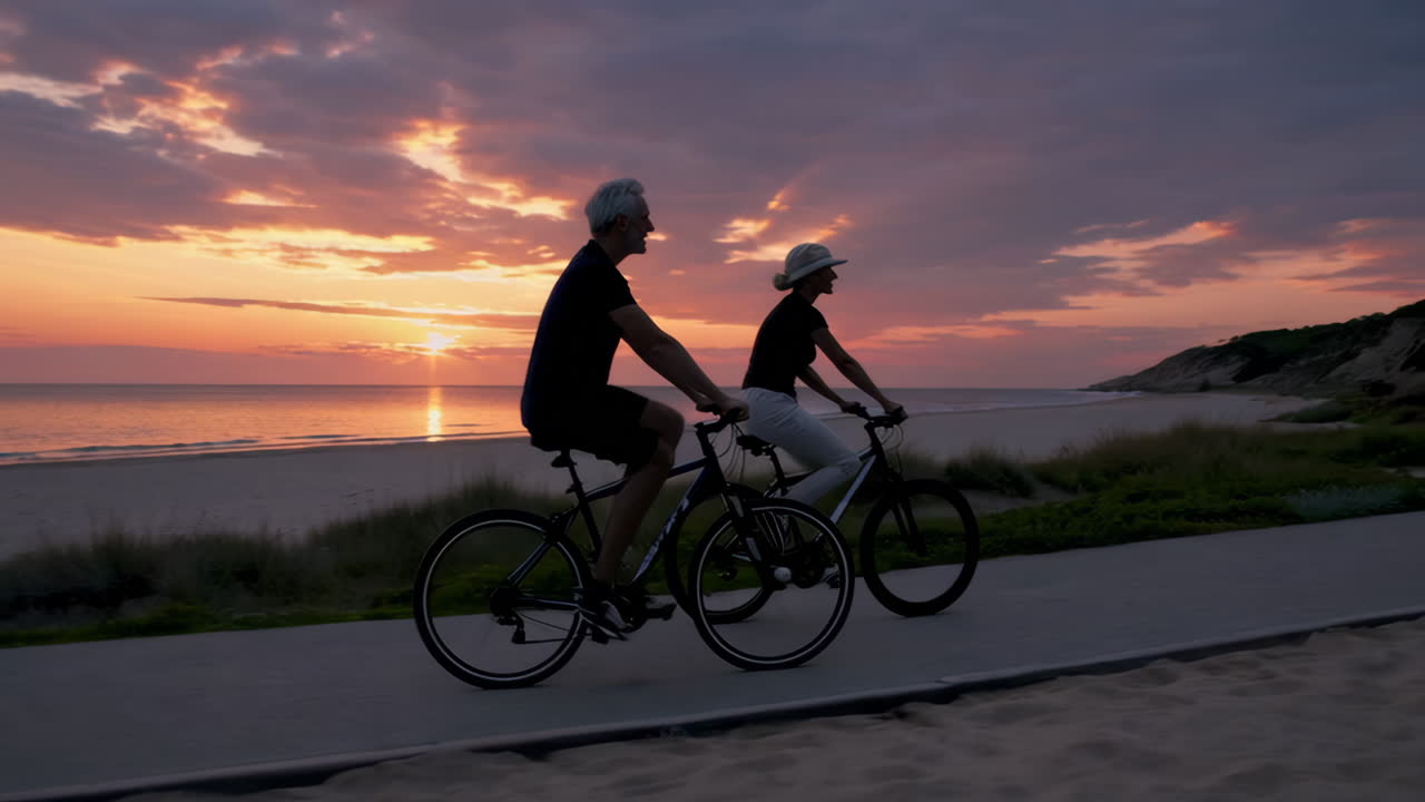 Mature couple cycling on a beach path at sunset