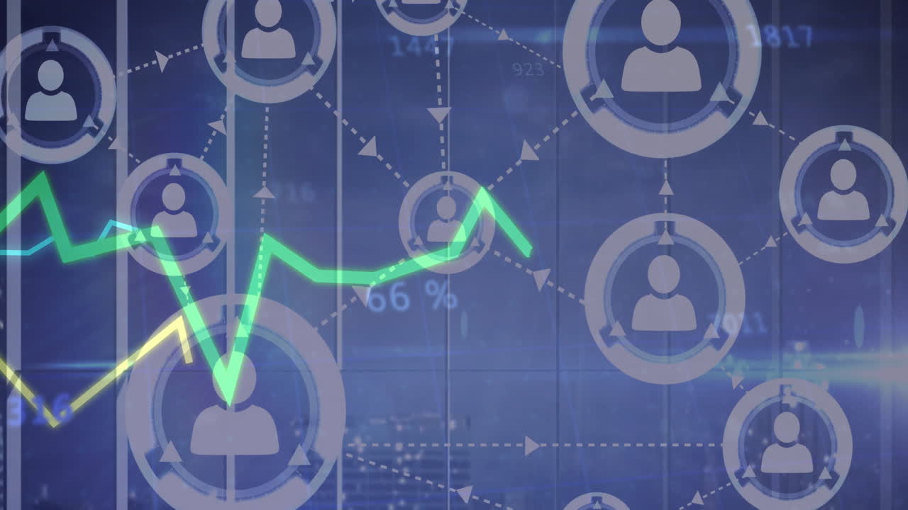 Data network being animated with interconnected user nodes linked by arrows and rising trend lines