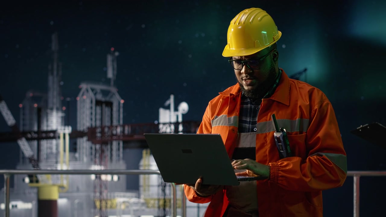 Offshore platform engineering team coworkers review maritime security incidents