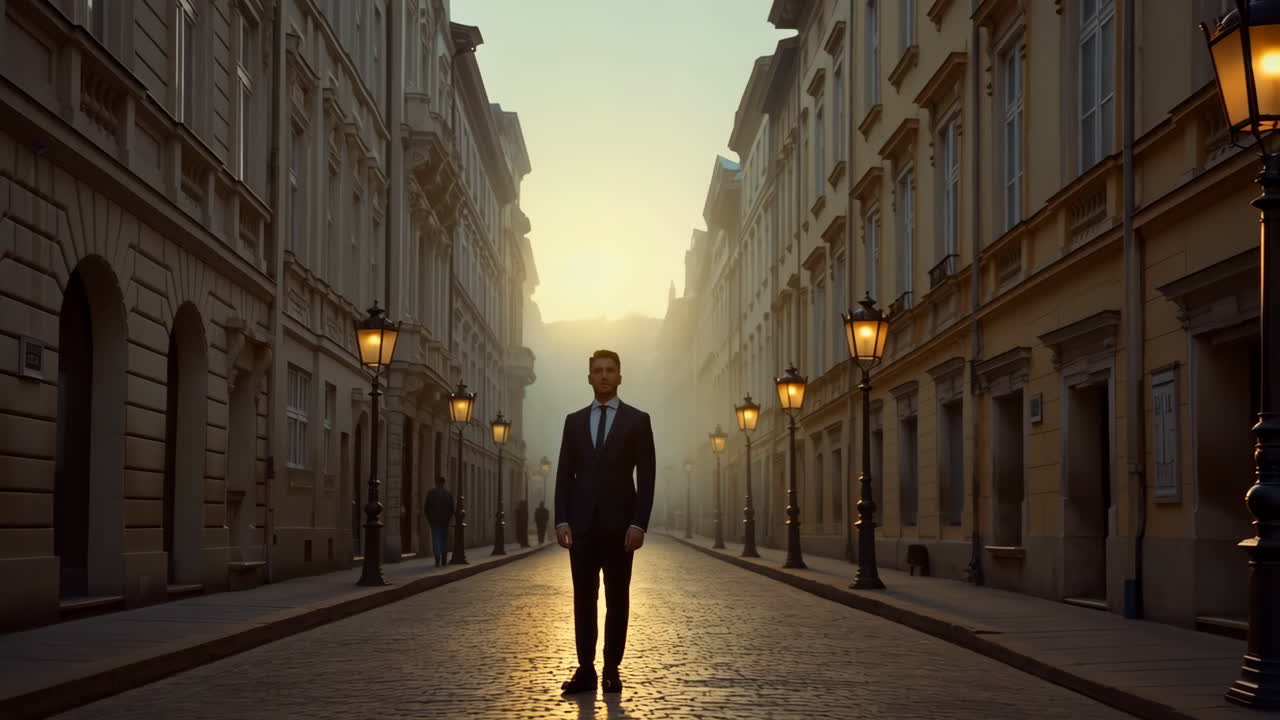 Businessman Standing on a Cobblestone Street at Sunrise