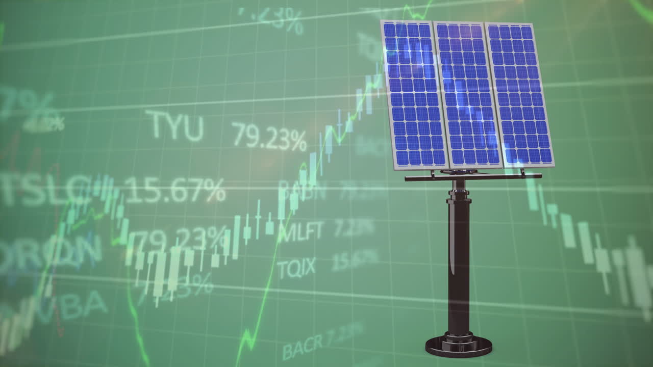 추상적인 배경에 대한 태양 패널 위의 그래프와 거래 보드의 애니메이션