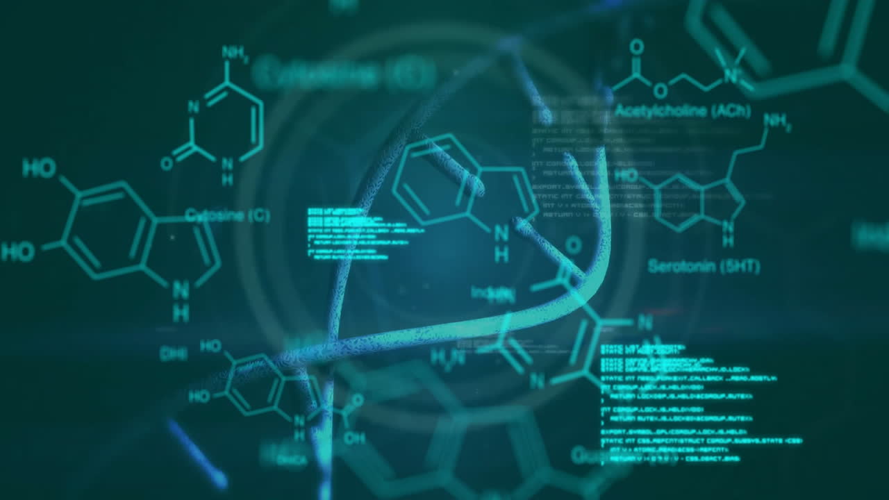 Chemical structures and molecular formulas animation over scientific data visualization