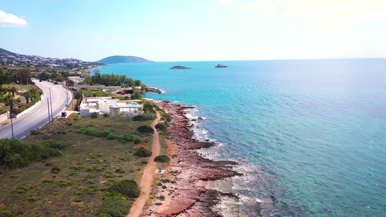 Amazing turquoise water in the Agean coast of Attica Sunio filmed by drone