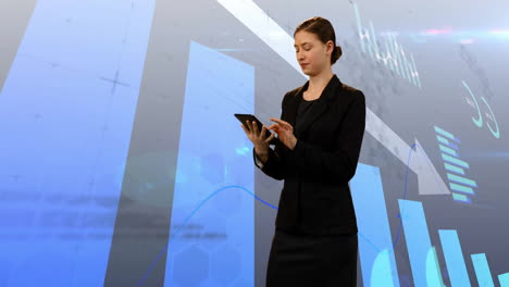 Animation-of-financial-data-processing-over-caucasian-businesswoman-using-tablet